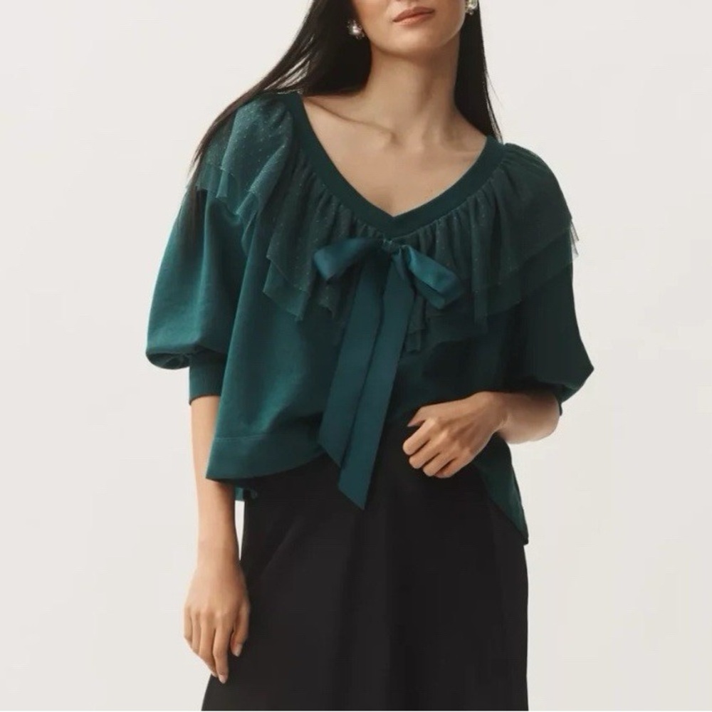 Anthropologie Maeve dark green Ruffle and Bow Sweatshirt size S